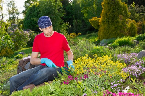 Expert gardeners working on a vibrant Osterley garden