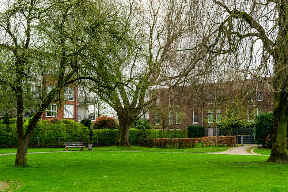 A well-maintained urban park with a lush, green lawn bordered by a variety of mature trees, some with budding leaves and others with bare branches, indicating early spring. The foreground features thr